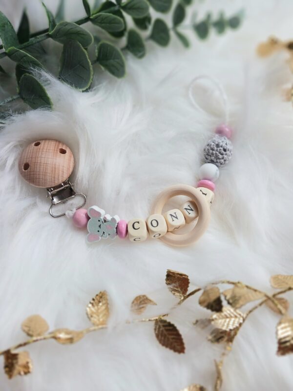 Schnullerkette grau, rosa, Elefant