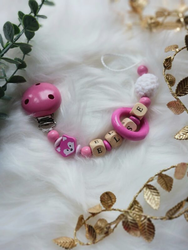 Schnullerkette pink, naturfarben, Fuchs