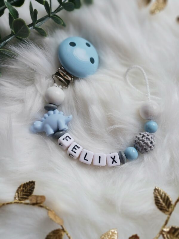 Schnullerkette grau, blau, Dinosaurier