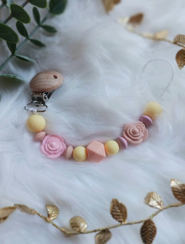 Schnullerkette Rose, gelb, rosa